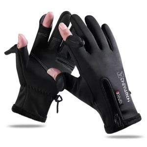 中國 奧力克斯 冬季漏二指戶外運動觸控螢幕保暖加絨加厚釣魚騎乘手套 黑色XL