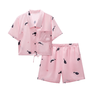 Product: 520Home Women's Breathable Ice Silk Satin Print Short Sleeve & Shorts Pajama Set, Pink Cow Cat, M