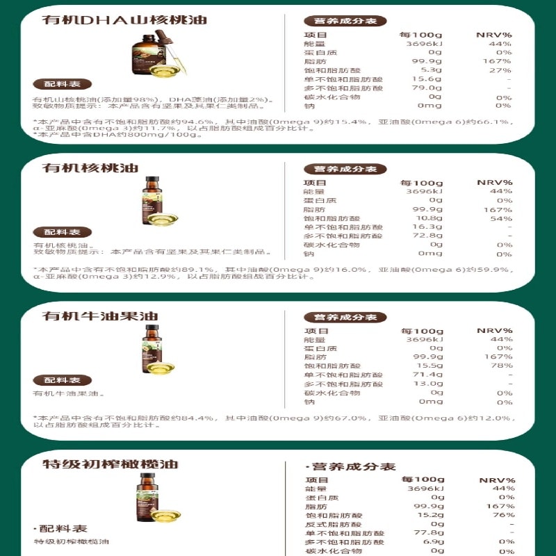 【中國直郵】 英氏 有機核桃油亞麻籽油酪梨油 嬰兒熱炒油輔食油寶寶用油涼拌110ml+110ml+125ml 組合裝