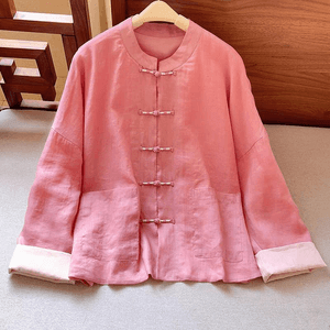 Chinese Style Cotton and Linen Knot Button Loose Cardigan Jacket Tai Chi Suit Pink M