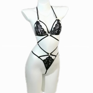 American Bella's Fantasy レディース セクシー ランジェリー フレンチ レース メッシュ ブラジャー ジャンプスーツ シースルー 誘惑 セクシー パジャマ セクシー ランジェリー - ブラック フリーサイズ