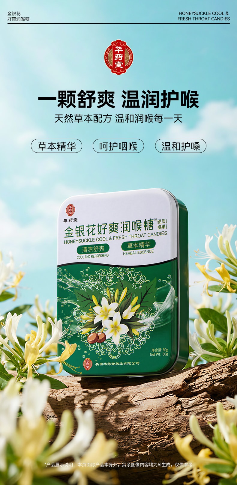 华药堂 金银花好爽润喉糖 60克/盒 草本护嗓专家 快速缓解咽喉不适 润喉护嗓、缓解喉咙干痒、咽喉肿痛克星、清咽利喉、喉咙滋润、抗菌消炎、慢性咽炎舒缓、嗓子疼专用、咽喉不适改善