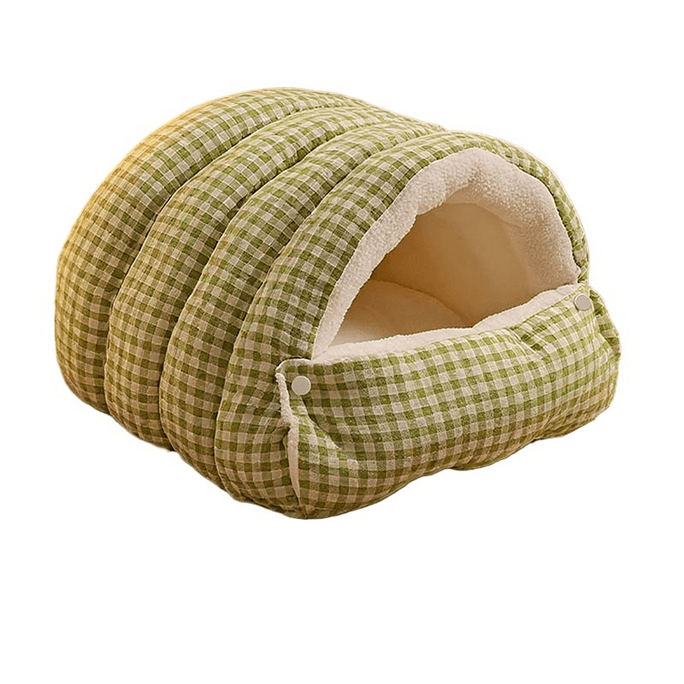 Semi-enclosed Pet Bed, Detachable & Washable, Green White Plaid, Size S, For Pets Under 8lbs