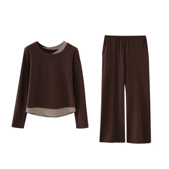 【中国直送】Luxendion【ドイツ製フリース保温ロック】秋冬用長袖スリムフィット薄手フリースパジャマセット ダークブラウン Mサイズ