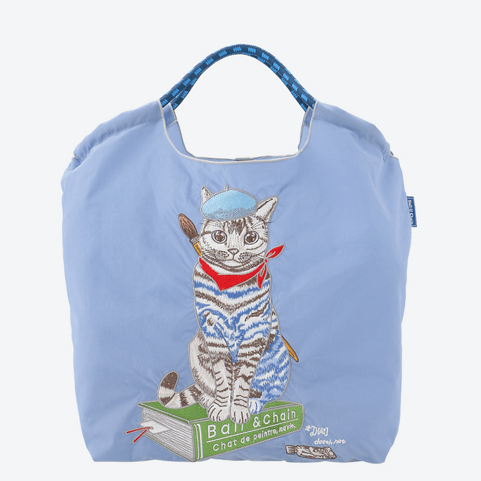 【日本直邮】Ball Chain刺绣环保袋 购物袋大容量 蓝色画家猫中号