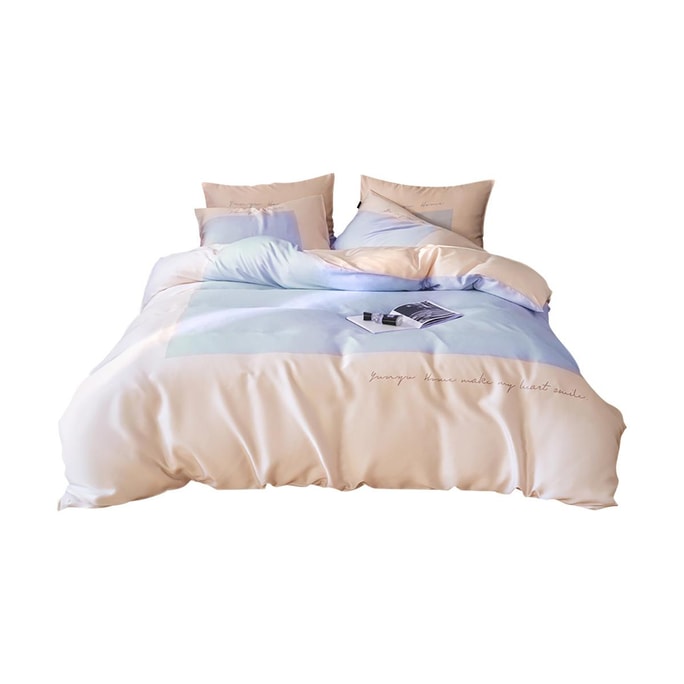 YUNYU Home Simple Luxury Double 60S Blue Silk Four-piece Set Light Blue 200cm×230cm