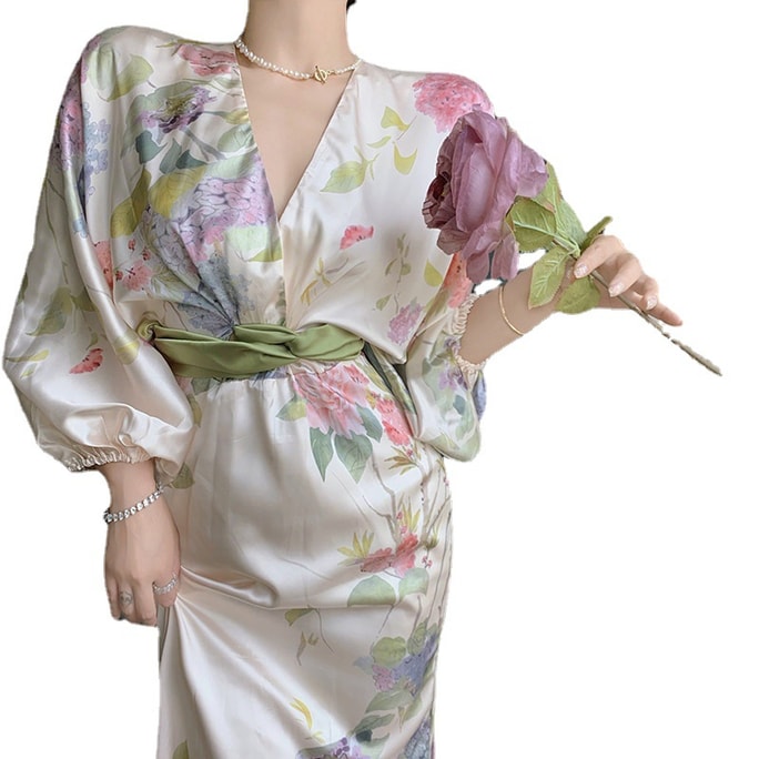 Printed Temperament Dress V-neck Beach Skirt S Size