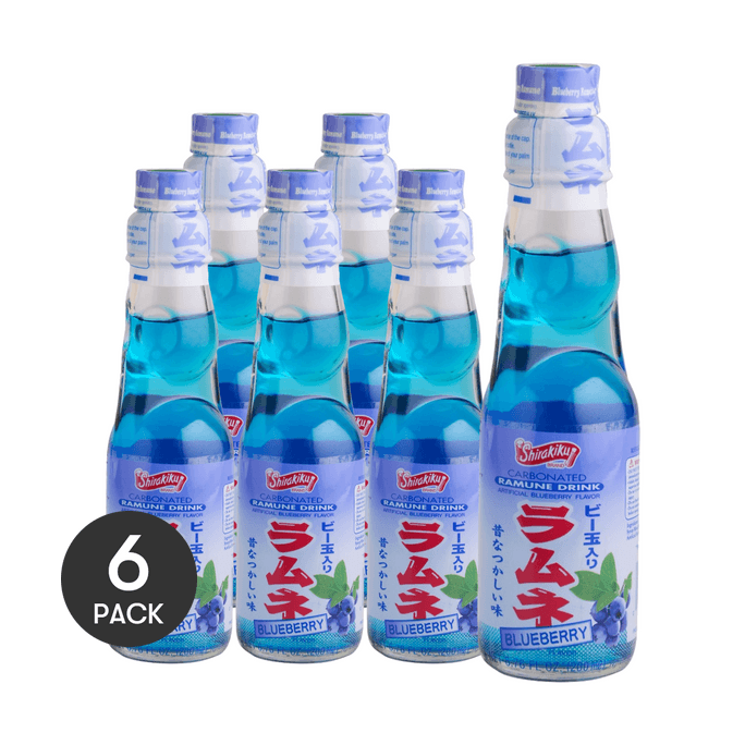 Ramune Drink,Japanese Marble Soda,Blueberry Flavor, 6.76 fl oz *6【6 Packs】