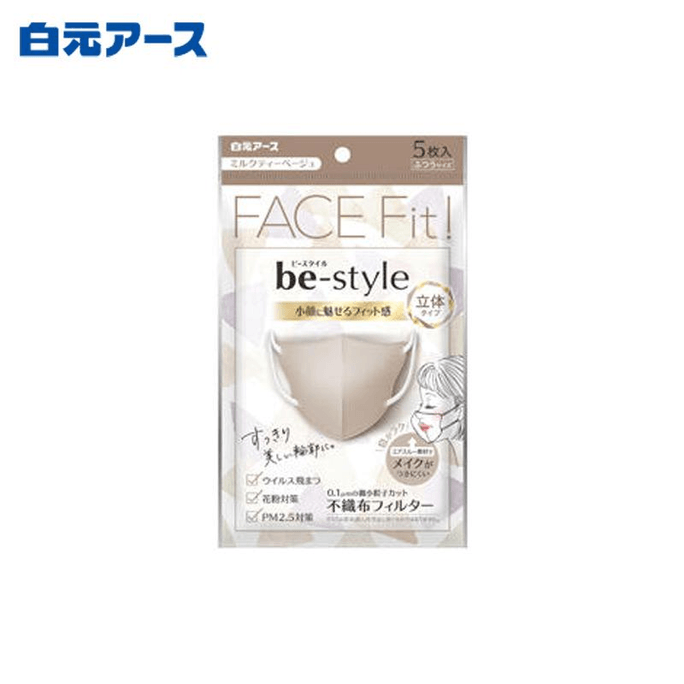 日本 HAKUGEN EARTH 白元 防脱妆透气防晒口罩 奶茶色 3D立体 5片装