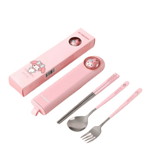 [중국 직배송] 마르시카 산리오 젓가락과 숟가락 세트, 휴대용 칼과 식기 보관함, 마이멜로디 3종 젓가락과 숟가락 상자 세트