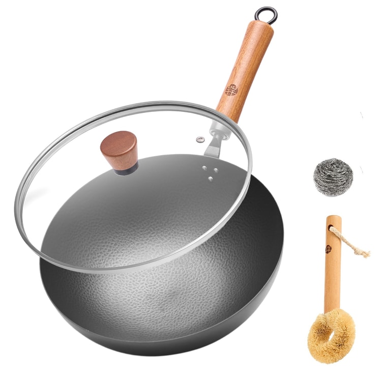 28CM Hand-forged Iron Wok -Round Bottom,For Gas Stove and Open Flame 12