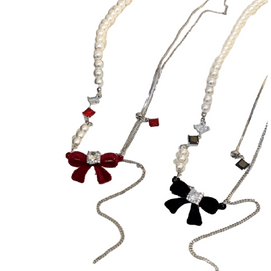 Christmas flocked red bow necklace 1PC