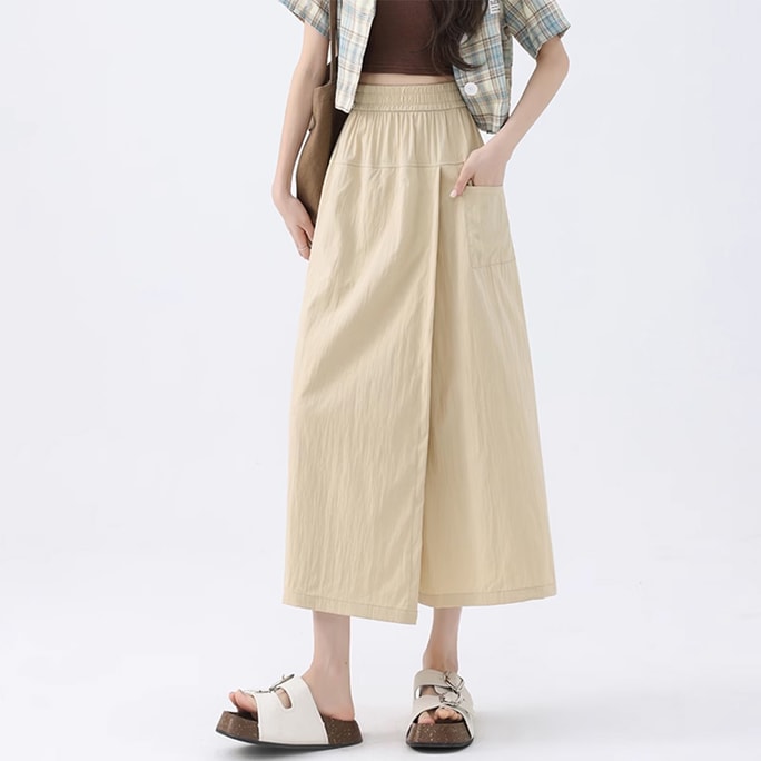 New Workwear Style High Waisted A-line Loose Wide Leg Casual Skirt Pants Apricot Orange L