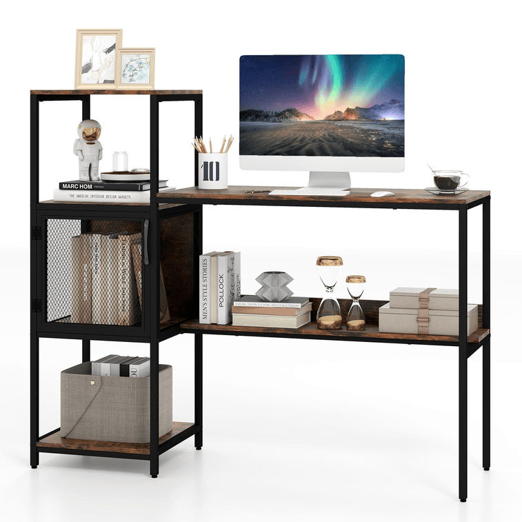51 Inch Computer Desk With Bookshelf Home Office Desk With Storage CabInet And Shelves-Rustic Brown 3