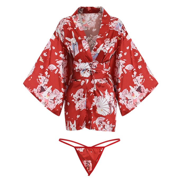 Sexy Lingerie Sexy Deep V Printed Kimono Lace Up Slim Uniform Set Red One Size