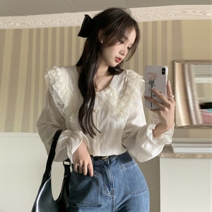 New French Gentle Style Lace Sweet Long Sleeved Base Shirt Apricot F