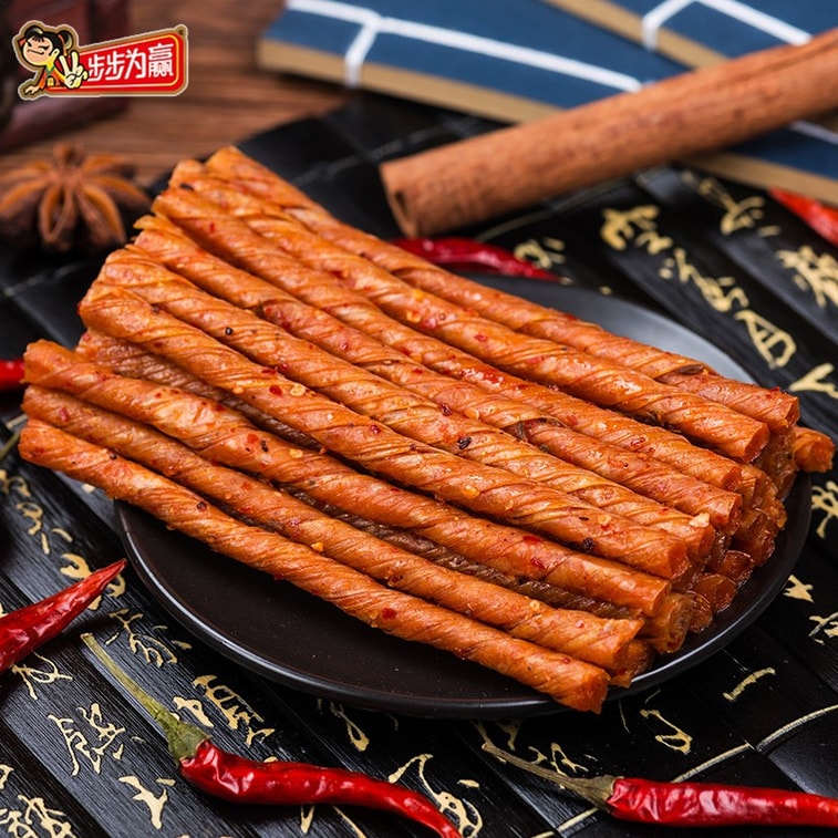 【中國直郵】 步步為贏 牛汁素腸麻辣條豆皮卷湖南特產休閒零食8090後兒時童年記憶 50g牛汁素腸X3包 5