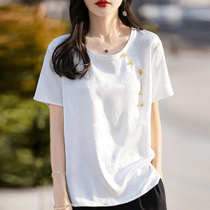 【中國直郵】 ASIS 風緞面提花寬鬆短袖T卹-白色 M