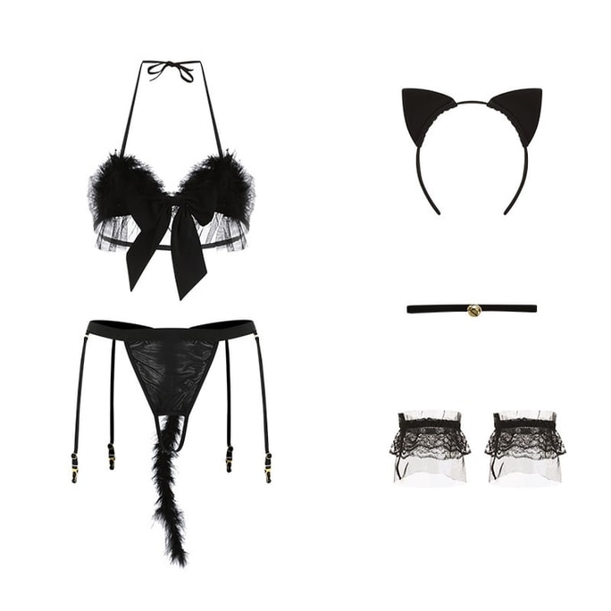 Bella’s Fantasy Fluffy Kitten Cute 5 Piececs Lingerie Set Costume Black One Size