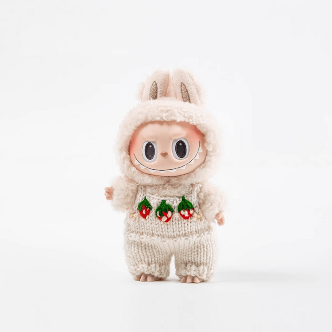 Labub labubu macaron vinyl doll handmade clothes strawberry white overalls length 3.15in weight about 20g