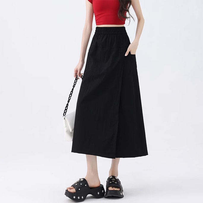 【中國直郵】 HSPM 新款工裝風高腰A字寬鬆寬褲休閒裙褲 黑色 S