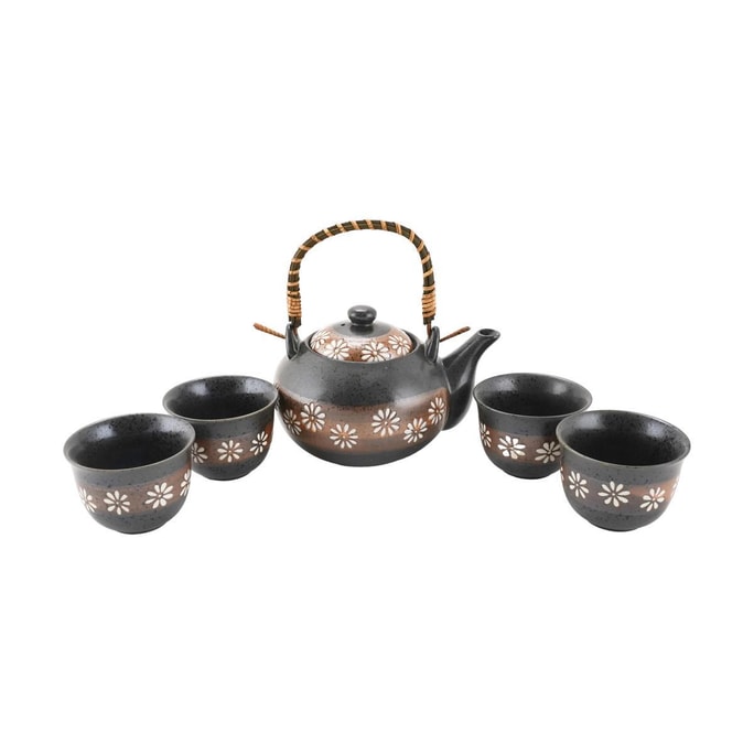 日式提樑茶壺套裝 泡茶壺陶瓷杯 日式菊紋圖案 1壺4杯子 5件套