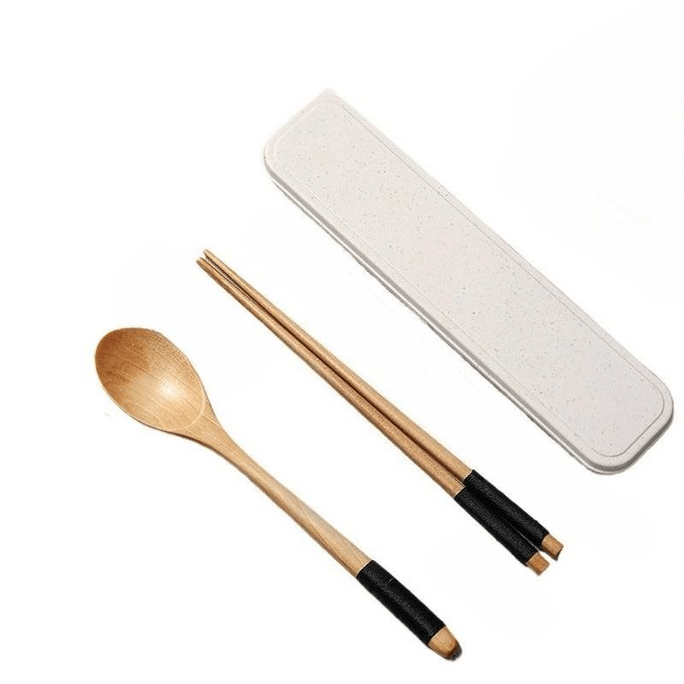 [중국 직배송] 레이지베이 미니소 나무젓가락과 숟가락 세트, 휴대용 3종 칼 세트, 일회용, 실감개, 천연 나무색, 23.5cm