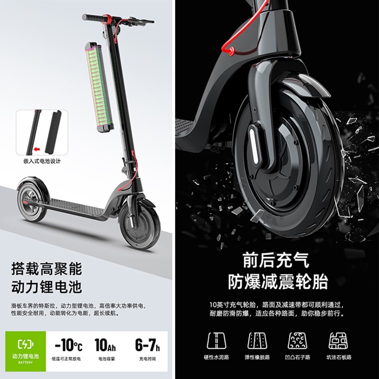 電動滑板車X8可折疊 上學上班代步車 經典續航約30-45km 10吋 350W 36V 10A 大輪胎防爆減震 鋁合金鋰電池 UN38.3 MSDS安全認證 黑色 下架 6