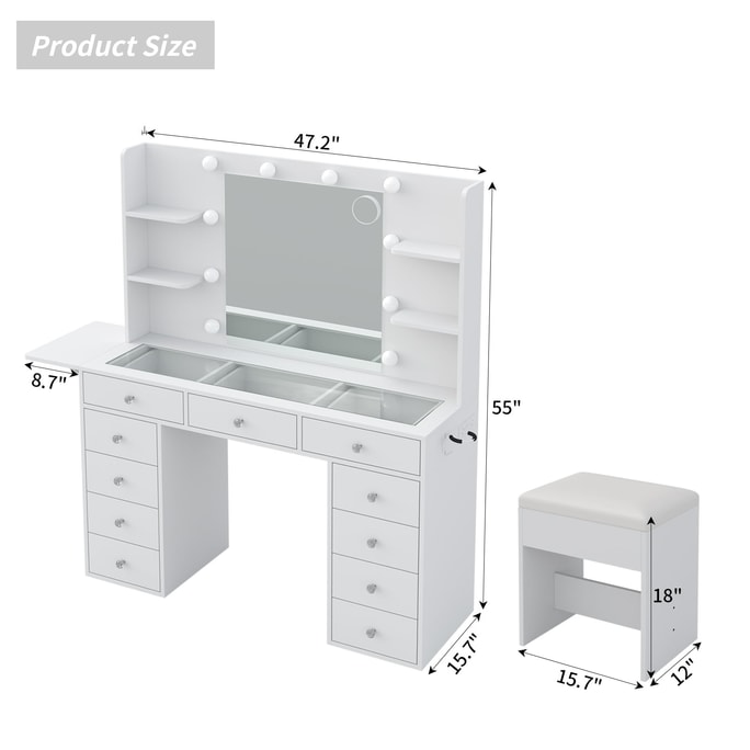【 US Direct Mail 】【 IKEA Style Dressing Table 】 Modern and simple dressing table + dressing chair with 10 LED lights