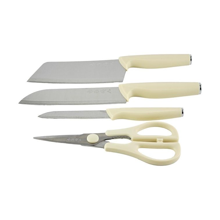 Ensemble de couteaux en acier inoxydable 5 pièces : Ciseaux + Couteau de chef + Couteau utilitaire + Couteau à fruits + Bloc à couteaux 3