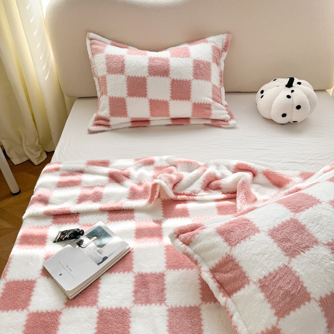 Lullabuy 格紋A類長絨毛毯蓋毯熊貓絨 粉紅120*200cm
