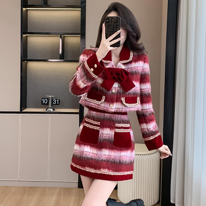 【中国直送】HSPM Socialite フレンチレッド クリスマス＆新年チェック柄ウールジャケット+スカート レッドスーツ L