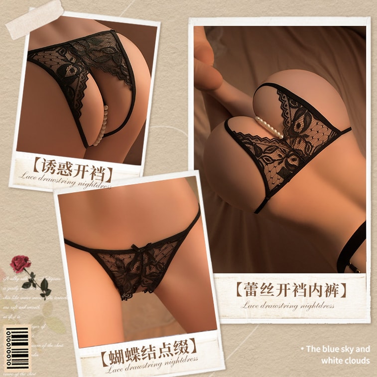 [중국 직송] 마얀 섹시 진주 시스루 레이스 크로치리스 섹시 팬티 원사이즈 블랙 5