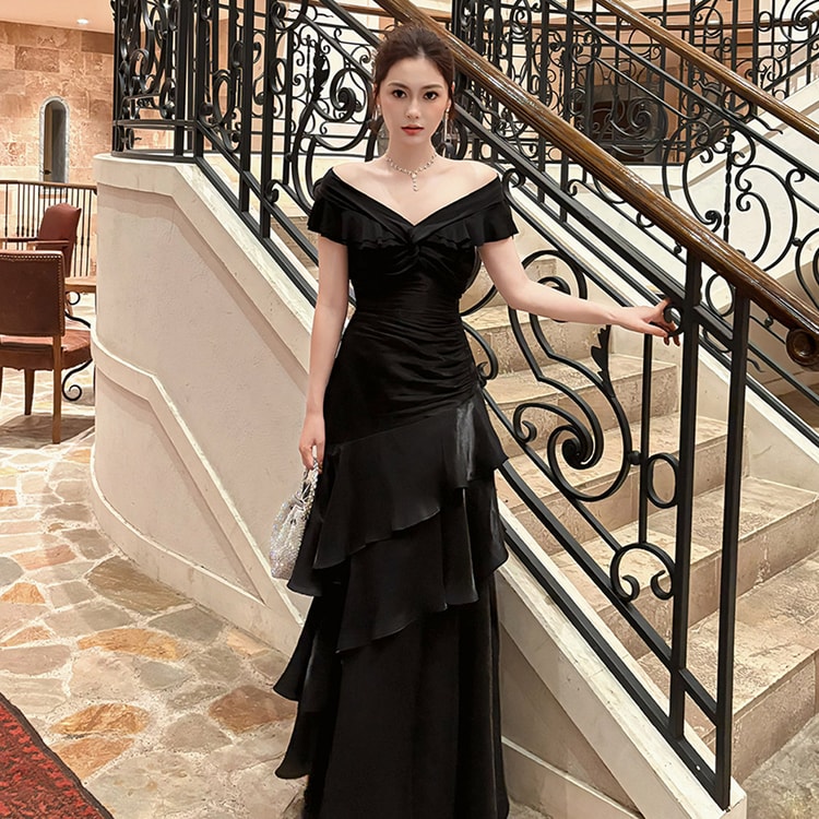 black fishtail formal dress French one shoulder light luxury niche evening dress skirt porcelain black L update