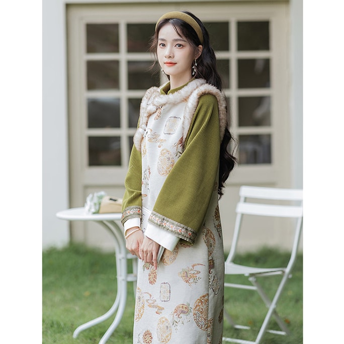 New Chinese Style Improved Qipao Dress Two-Piece Set Fried Tea Green Two-Piece Set M