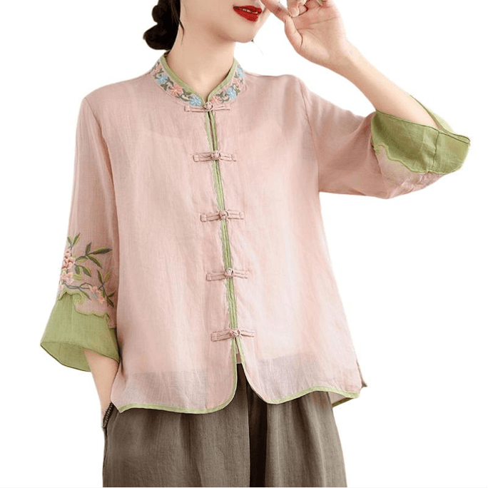 Chinese Style Vintage Embroidered Retro Button Three-quarter Sleeves Shirt Top Pink M