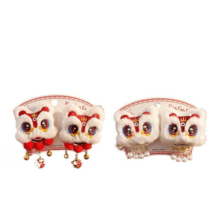 Red Lion Dance, Fringed Hair Clips And Hairpins, Chinese-Style Bell Lion Dance + Pearl 4.5cm*2 Pieces