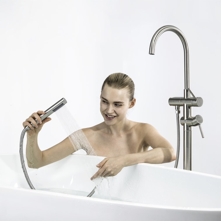 Double Handle Freestanding Tub Filler with Handshower 7