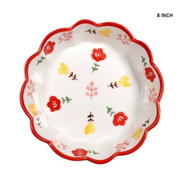 GINKGOHOME Hand Painted Flower Pattern Ceramic Bowl Wavy Edge 8 Inch Red