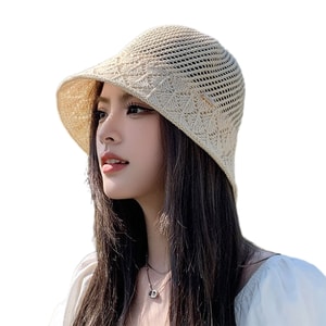 【中国直邮】 HSPM 编织镂空透气显脸渔夫帽防晒出游遮阳帽 米色 F 1个
