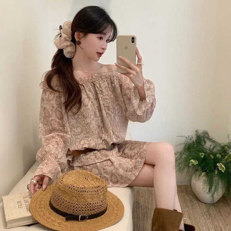 [캐나다 직배송] SCENARIO 로저 페이즐리 프린트 3피스 세트 (상의 + 스커트 + 벨트) - 원 사이즈 - 베이지 3