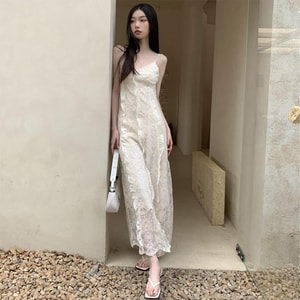 Lotus Leaf Edge Exquisite Lace Slimming And Gentle Temperament Dress Apricot Color M