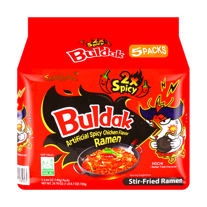 Korean 2x Spicy Buldak Hot Chicken Flavor Stir-Fried Ramen - 5 Packs* 4.93oz