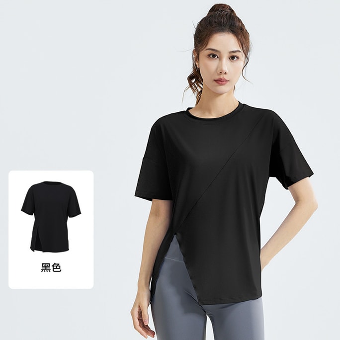 [中国からの直送] HSPM 新作 カジュアル スポーツ ヨガ フィットネス スプリット ルーズ 半袖 Tシャツ ブラック M