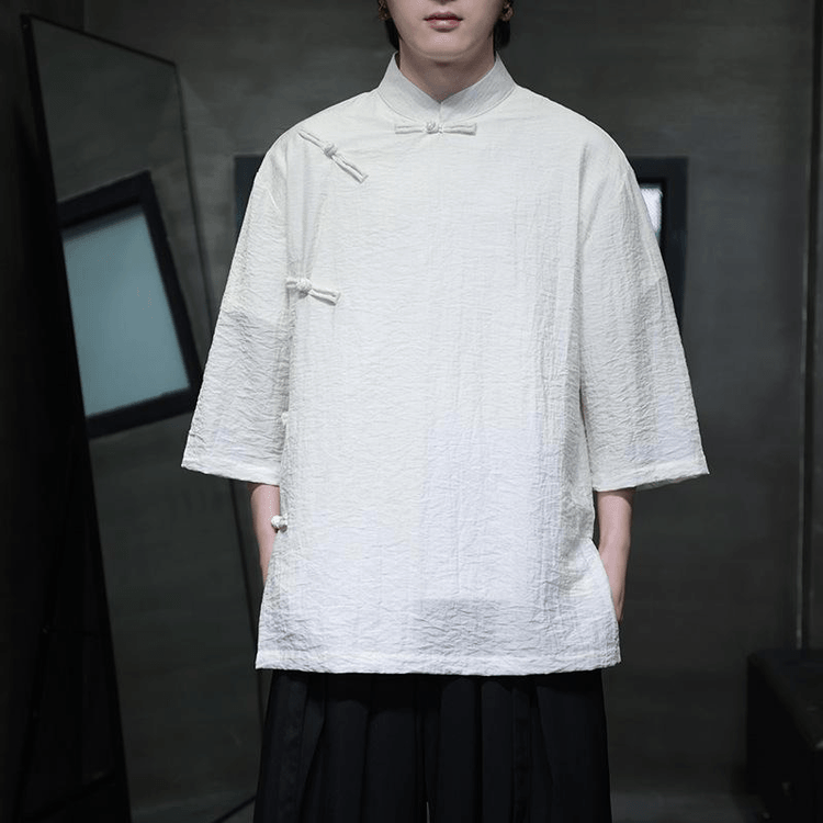 Chinese Style Linen-Cotton Knot Button Three-quarter Casual Tang