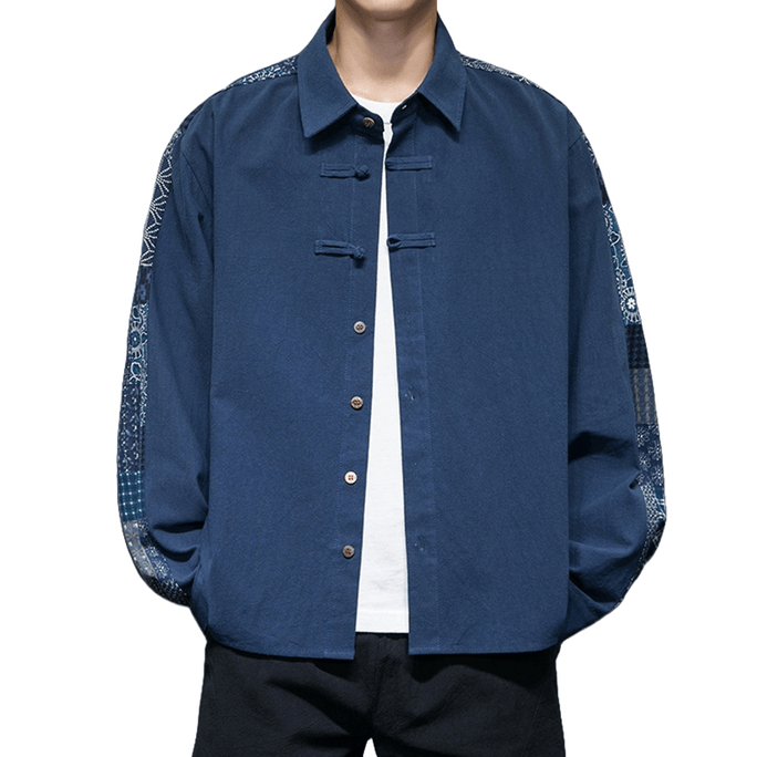 Chinese Style Ramie Retro Button Tang-costume Coat Shirt For Men Navy 3X-Large