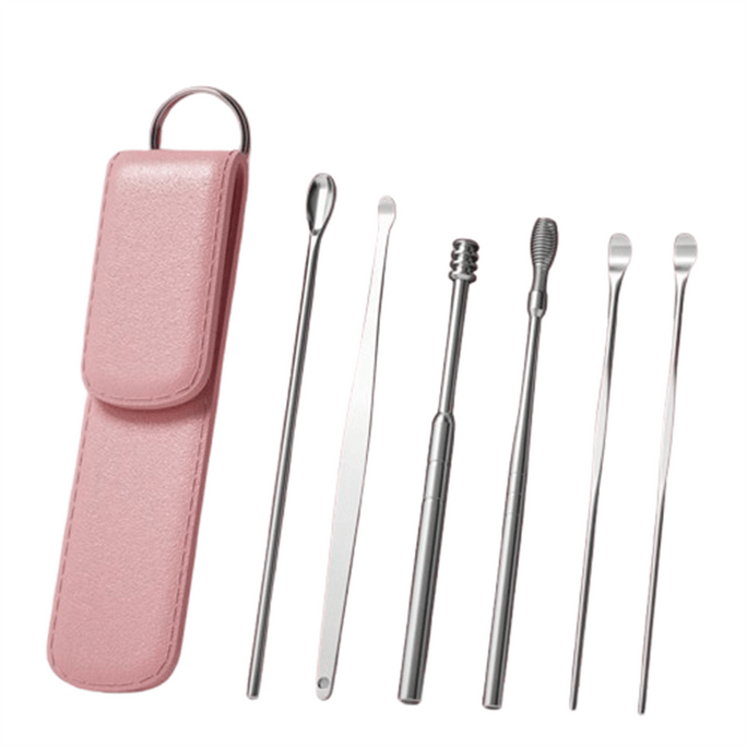 Household Ear Pick Six-Piece Set Coil Spring Ear Picking Tool Set Pink
