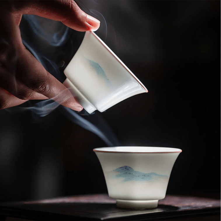 Jingdezhen Linglong Ceramic Gaiwan Tea Set 1 Gaiwan 1 Fair Cup 4 Cups Landscape Design 5