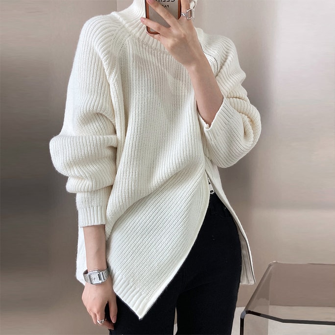 Autumn And Winter New Double Zipper Knitted Sweater Jacket Creamy White
