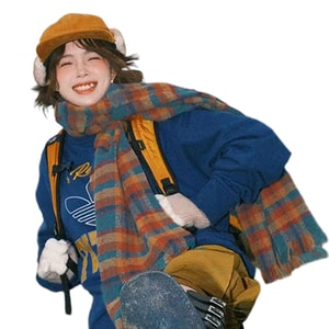 [中国から直送] HSPM レインボーチェック柄マフラー レディース 冬用フェイクカシミア 厚手 暖かい 学生用ネックウォーマー 韓国風 高級 レトロ ショール レディース